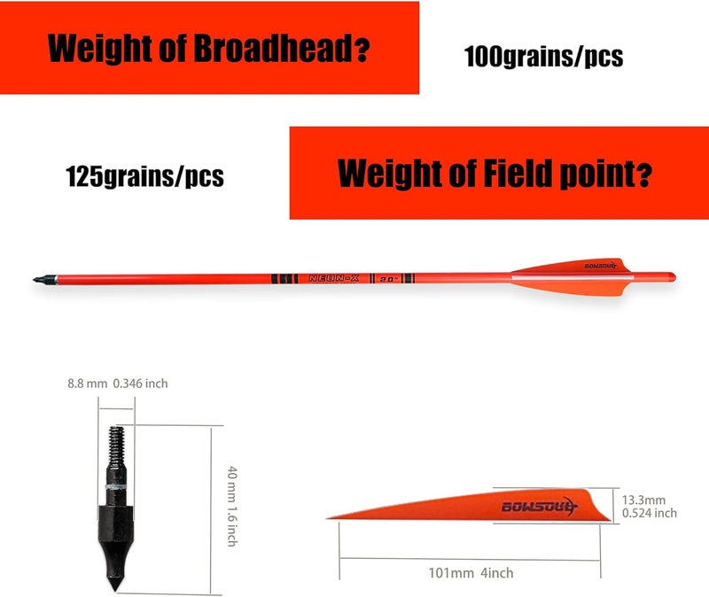 BOWSOUL Crossbow Bolts 20inch Fluorescence Color Carbon Crossbow Hunting Arrows with 4" Vanes and Replaced Arrowhead(12 Pack) - Image 3